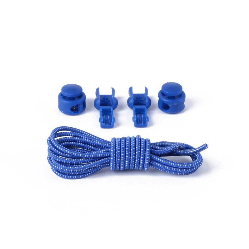 Blue stylish elastic laces with spring buckles and clips for sports shoes, designed for a no-tie convenience.